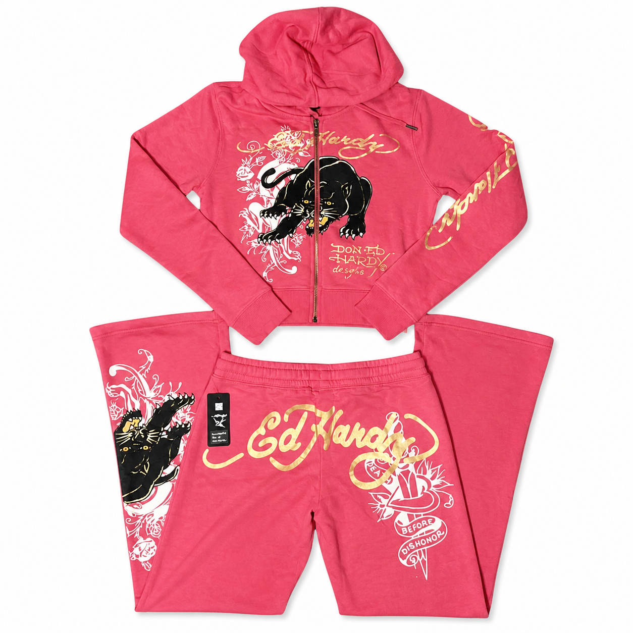 Ed Hardy Panther Cropped Zip Hoodie Pink Y2K McBling