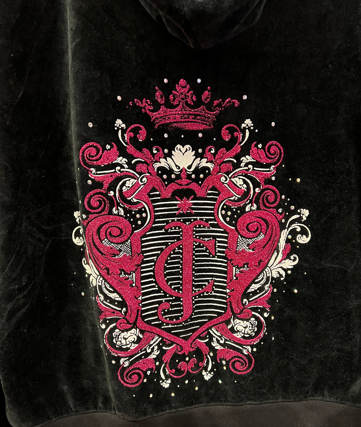 Vintage Juicy Couture Y2K Velour Crest Rhinestone Zip Hoodie Black XL