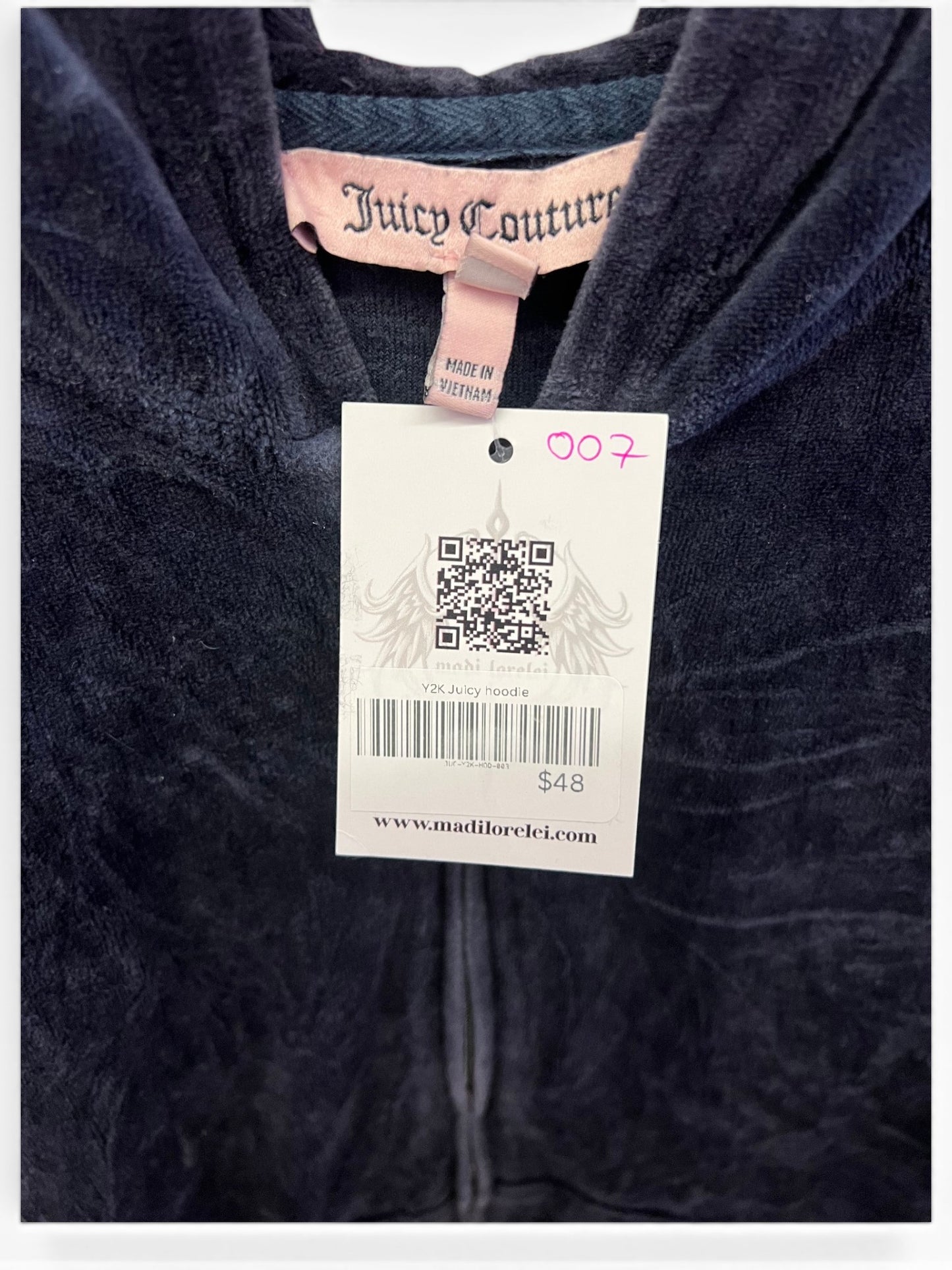 Vintage Juicy Couture Y2K Velour Zip Hoodie Navy Crown Logo Crackle Size L (SKU007)