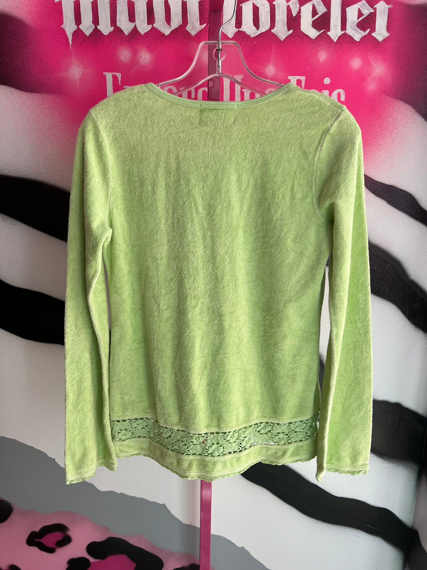 Vintage Y2K Juicy Couture Lime Lace Trim Long Sleeve Top Size S