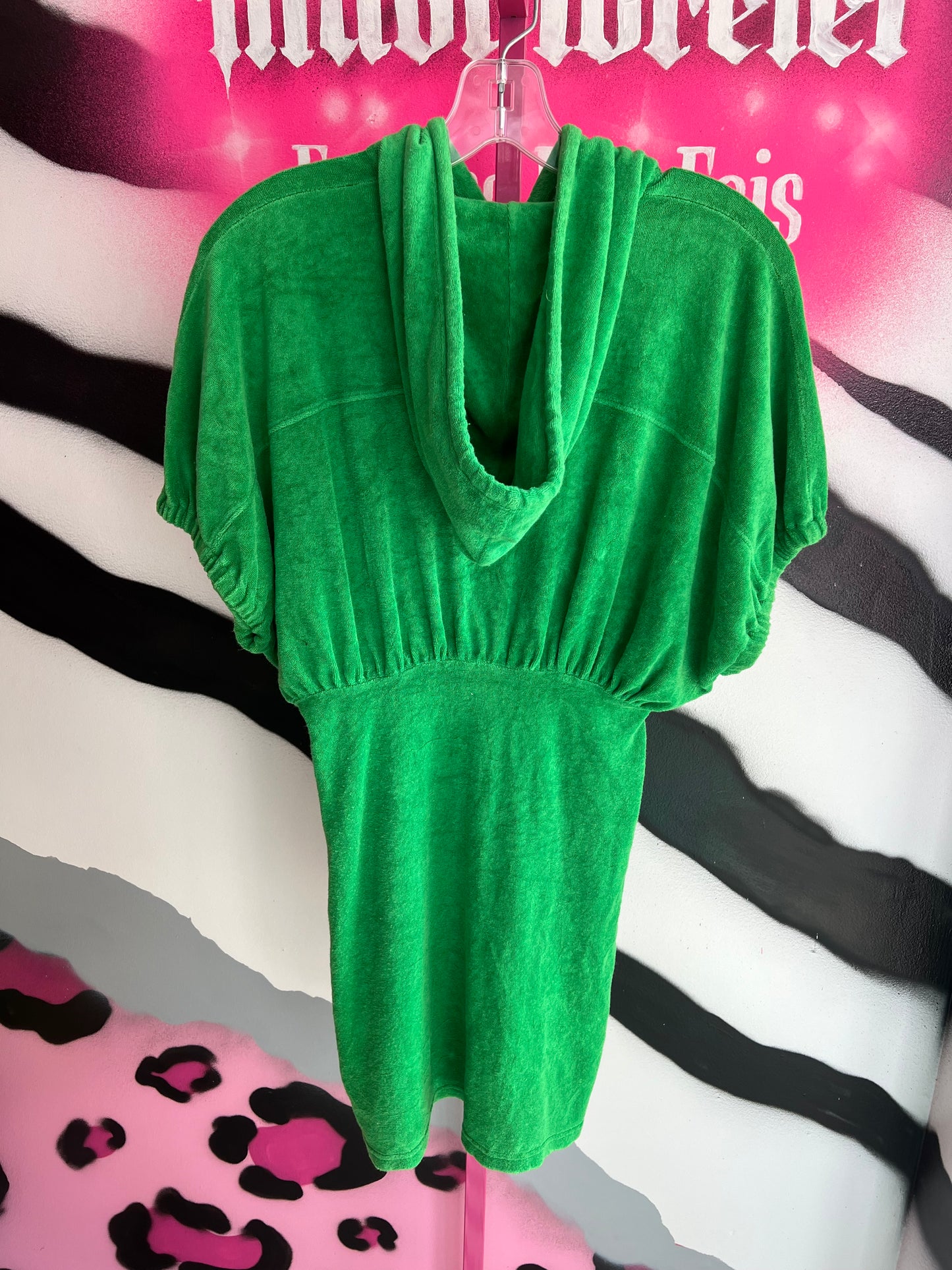 Vintage Y2K Juicy Couture Green Velour Hooded Tunic Dress Size Petite