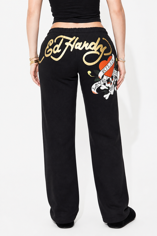 Ed Hardy Love Kills Slowly Graphic Sweatpants – Black Y2K McBling