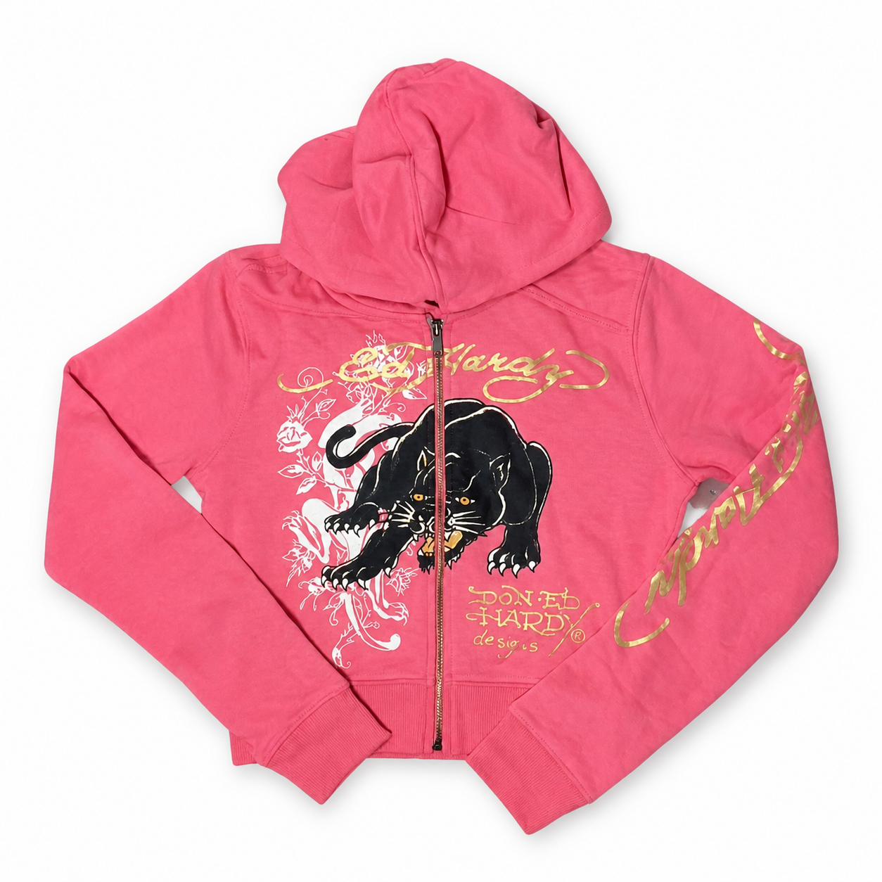 Ed Hardy Panther Cropped Zip Hoodie Pink Y2K McBling