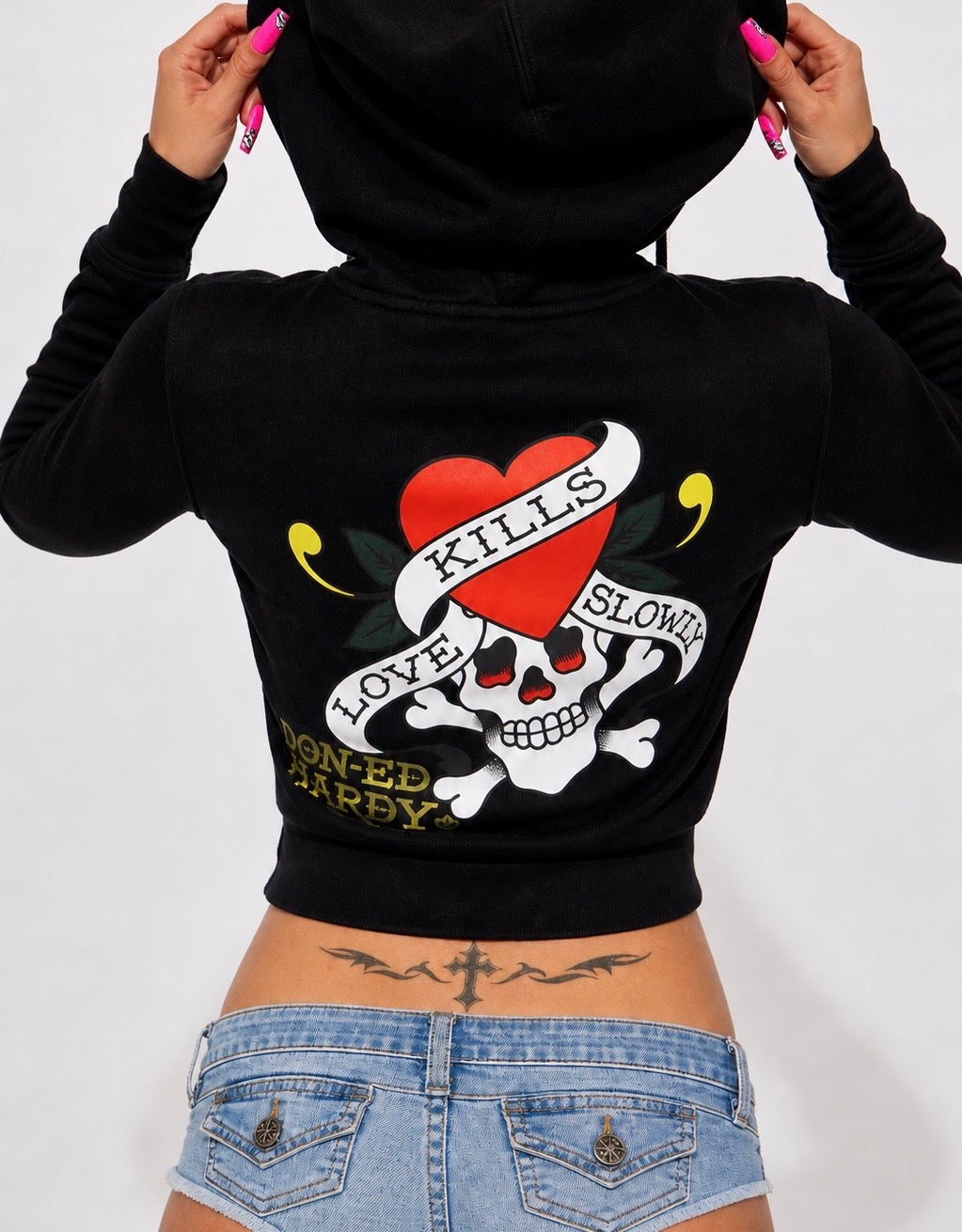 Ed Hardy Love Kills Slowly Cropped Zip Hoodie Black Y2K McBling