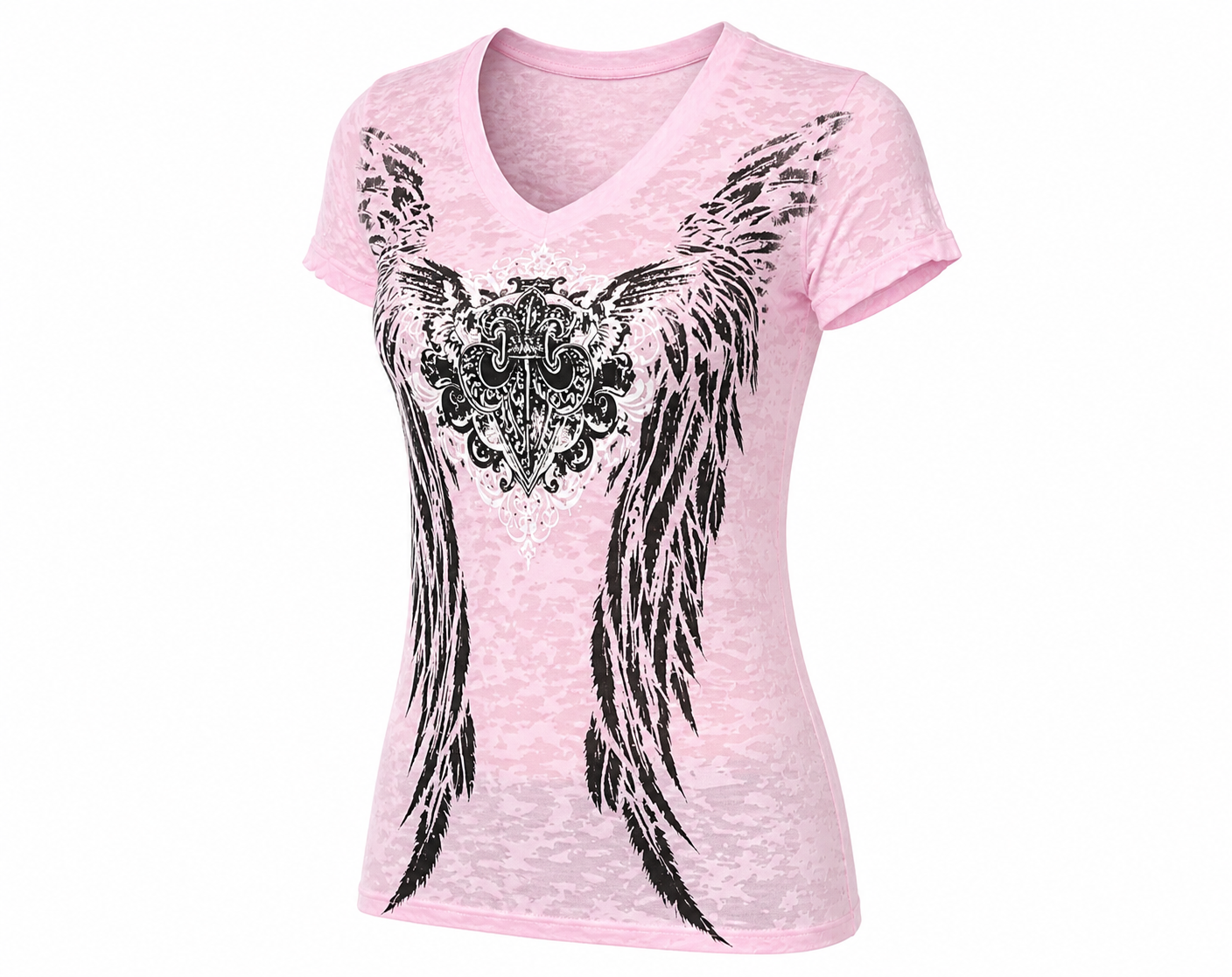 Pink Burnout Fleur De Lis Angel Wing Tee