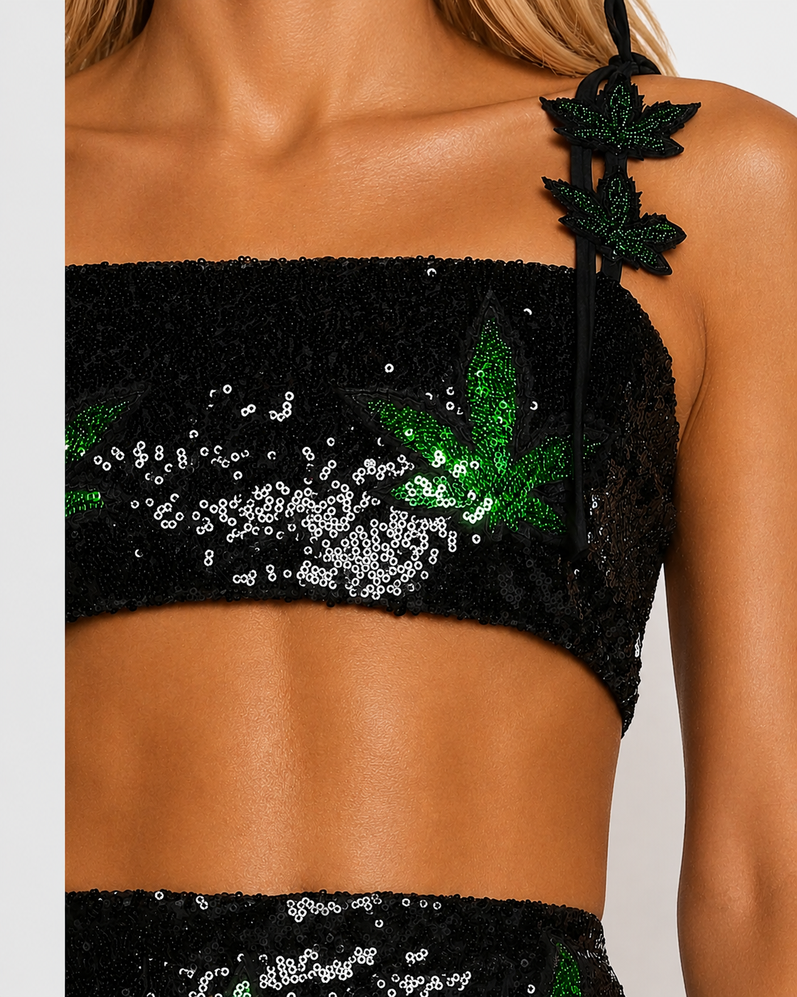 NWT Black Sequin Festival Set with Green Leaf Detail 2 Piece Coachella Rave Outfit