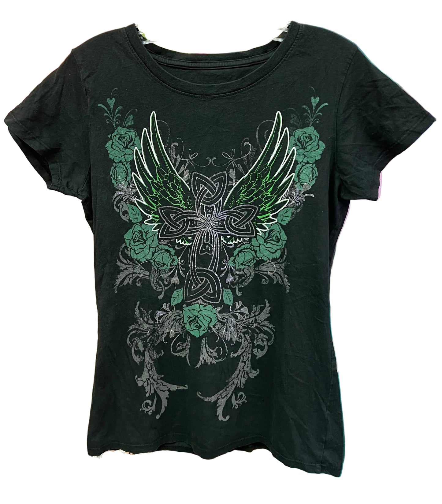 Black Winged Celtic Cross Graphic Tee Green Rose Tattoo Style Y2K Size S