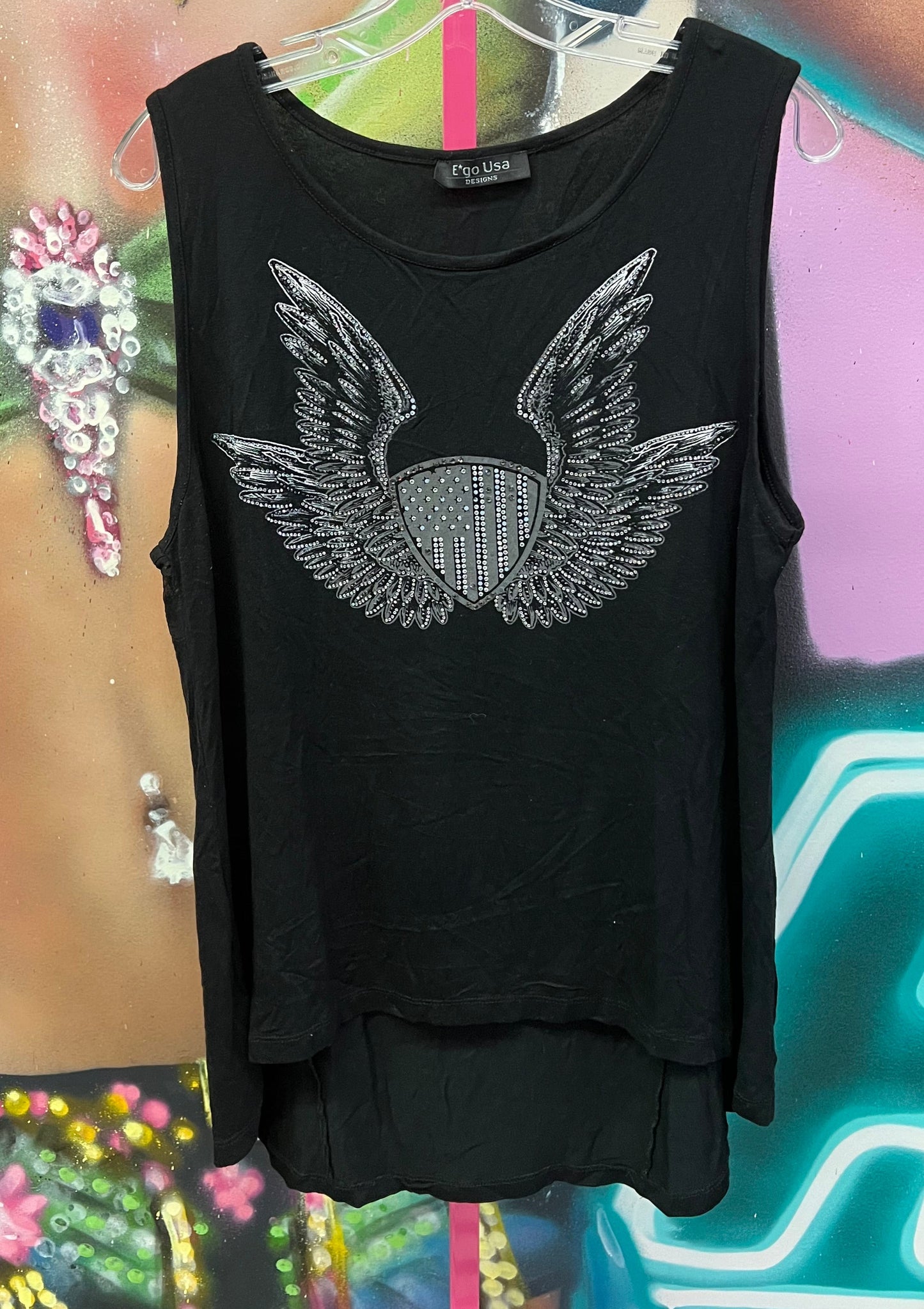Ego USA Designs Black Winged Graphic Sleeveless Top Y2K Biker Goth