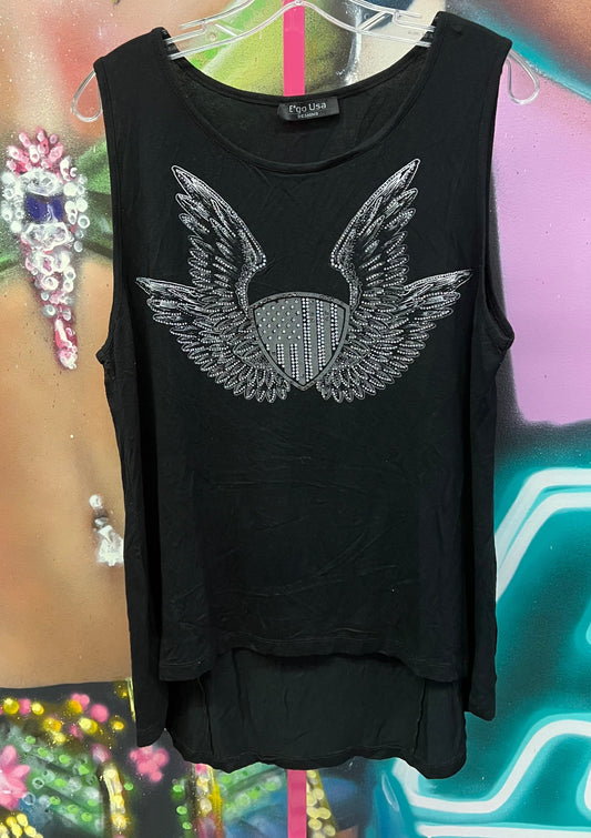 Ego USA Designs Black Winged Graphic Sleeveless Top Y2K Biker Goth