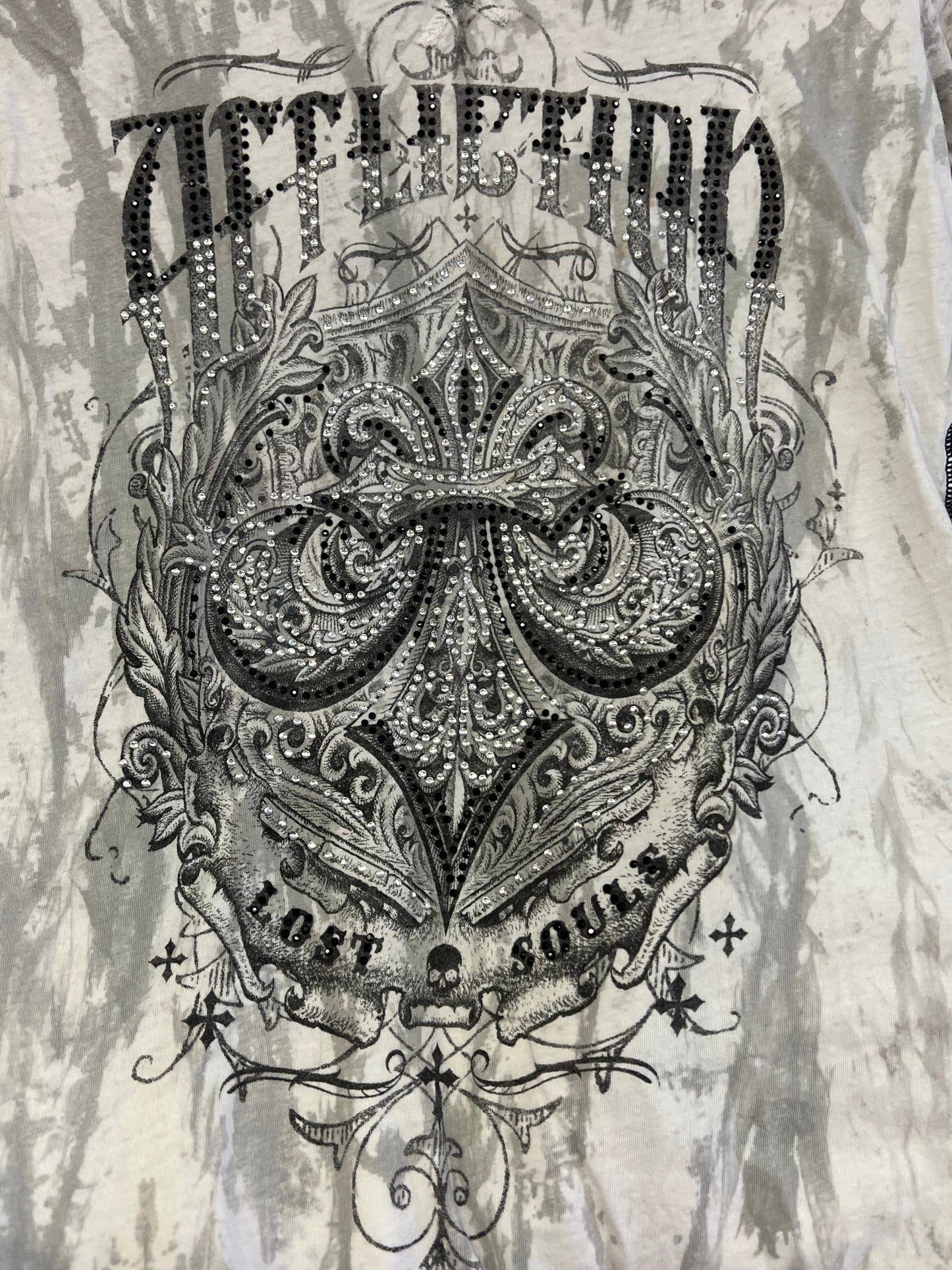 Affliction Live Fast Distressed Graphic Rhinestone Tee White Made in USA Size M