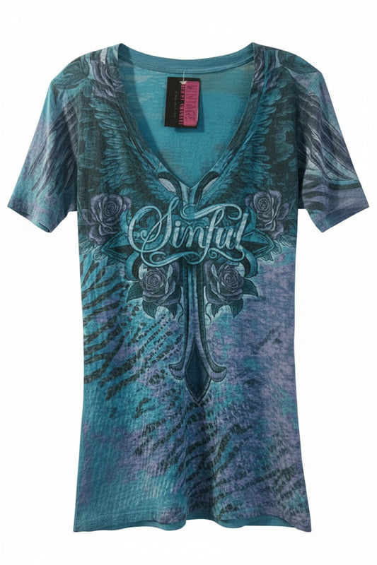 Vintage Style Sinful Burnout Wing Top – Blue Purple Y2K McBling – Women’s L/XL