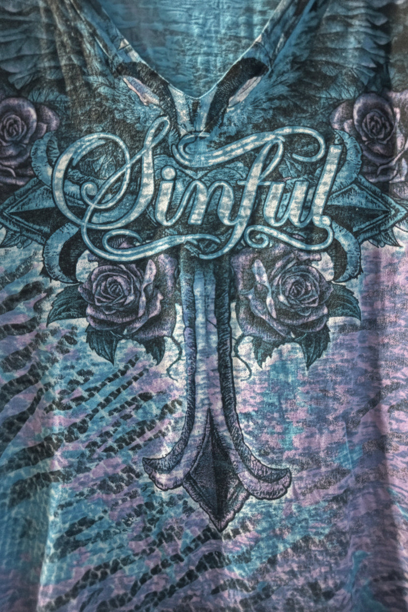 Vintage Style Sinful Burnout Wing Top – Blue Purple Y2K McBling – Women’s L/XL