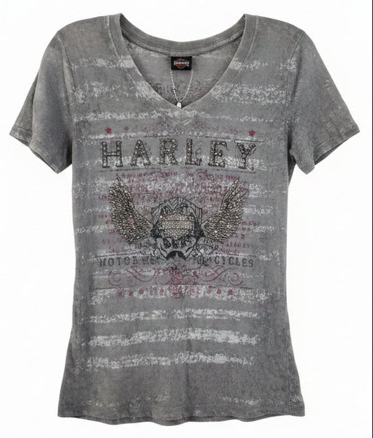 Vintage Y2K Harley Davidson Burnout Rhinestone Tee – Biker Glam Graphic Top