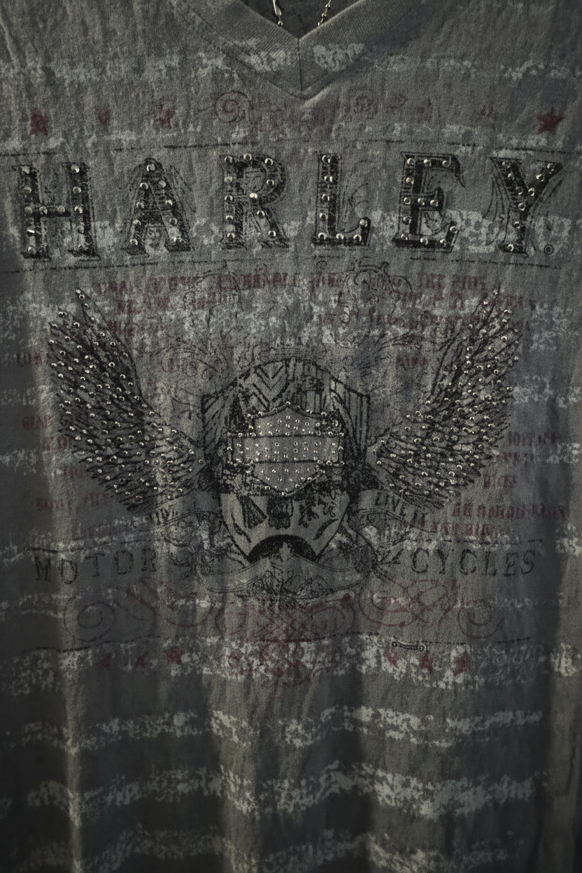 Vintage Y2K Harley Davidson Burnout Rhinestone Tee – Biker Glam Graphic Top