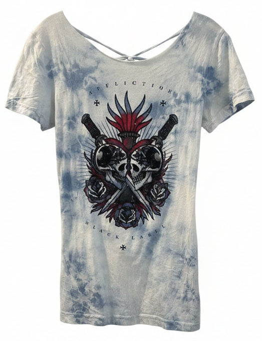 Vintage Y2K Affliction Skull Lace-Up Tee – Biker Glam Grunge Top – Size M