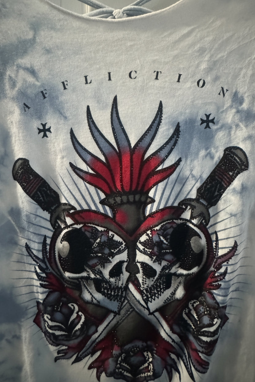 Vintage Y2K Affliction Skull Lace-Up Tee – Biker Glam Grunge Top – Size M