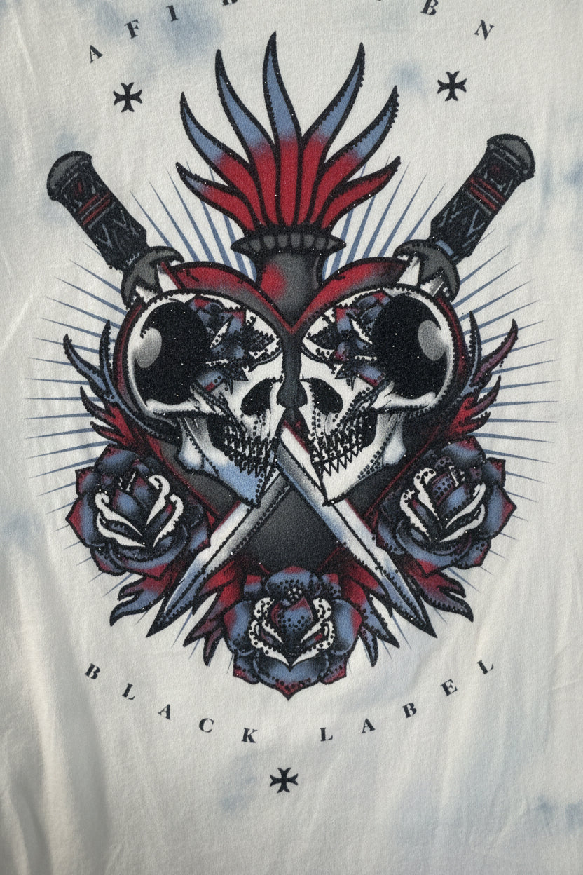 Vintage Y2K Affliction Skull Lace-Up Tee – Biker Glam Grunge Top – Size M