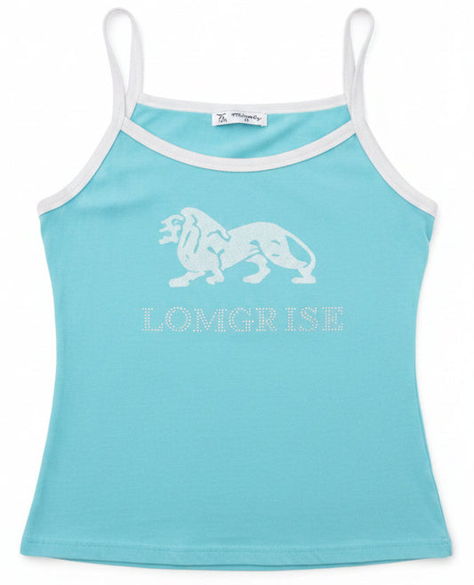 Vintage Y2K Blue “LOMGRISE” Rhinestone Halter Tank Top – Size M