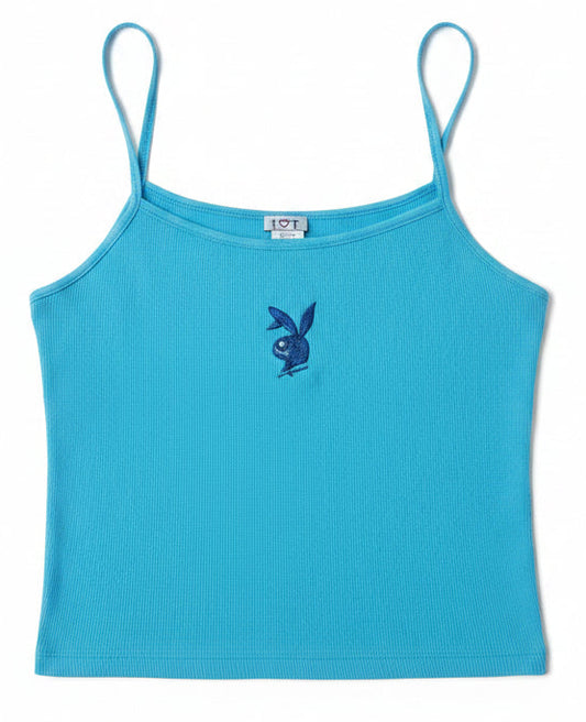 Y2K Playboy Bunny Ribbed Cami Tank – Aqua Blue Rhinestone Graphic Top – Women’s Large