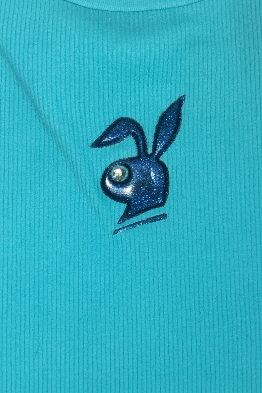 Y2K Playboy Bunny Ribbed Cami Tank – Aqua Blue Rhinestone Graphic Top – Women’s Large
