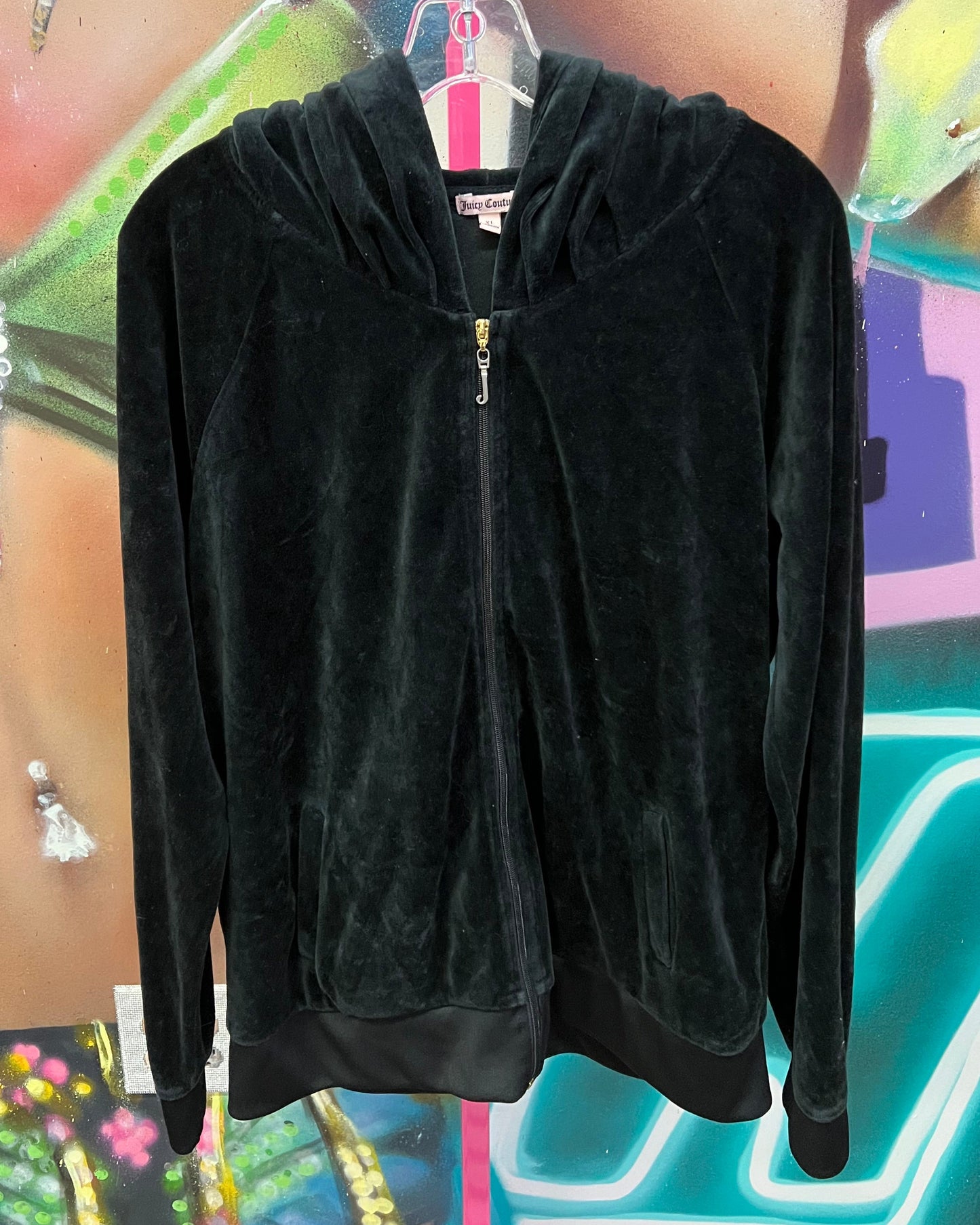 Vintage Juicy Couture Y2K Velour Crest Rhinestone Zip Hoodie Black XL