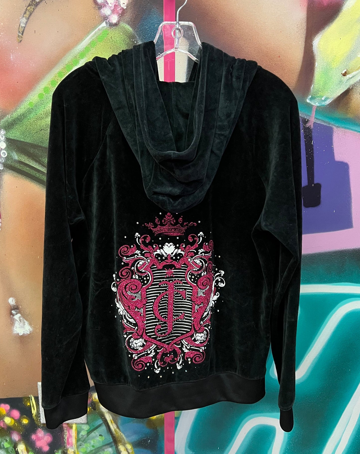 Vintage Juicy Couture Y2K Velour Crest Rhinestone Zip Hoodie Black XL