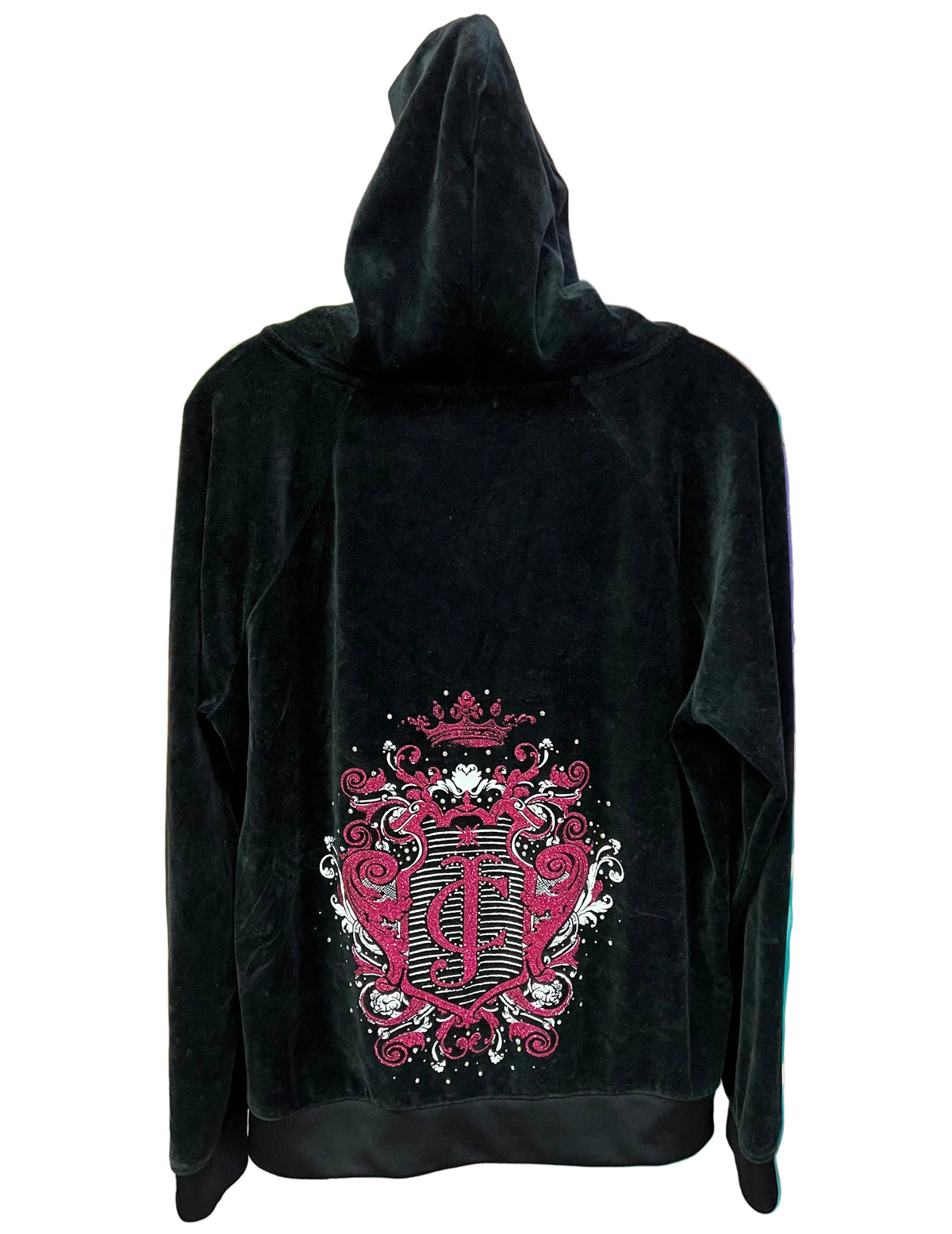 Vintage Juicy Couture Y2K Velour Crest Rhinestone Zip Hoodie Black XL