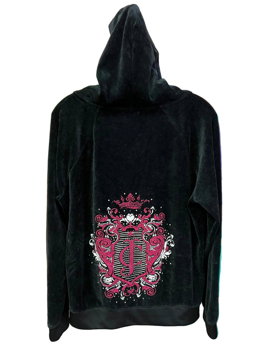 Vintage Juicy Couture Y2K Velour Crest Rhinestone Zip Hoodie Black XL
