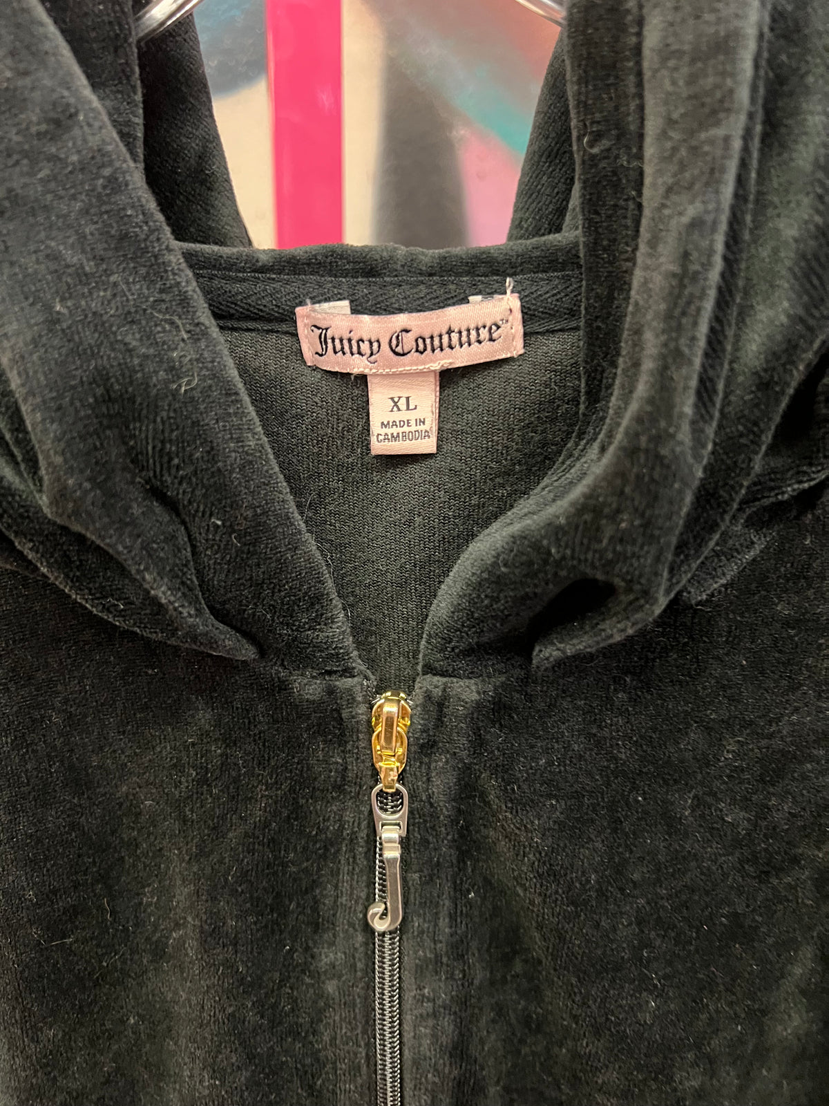 Vintage Juicy Couture Y2K Velour Crest Rhinestone Zip Hoodie Black XL
