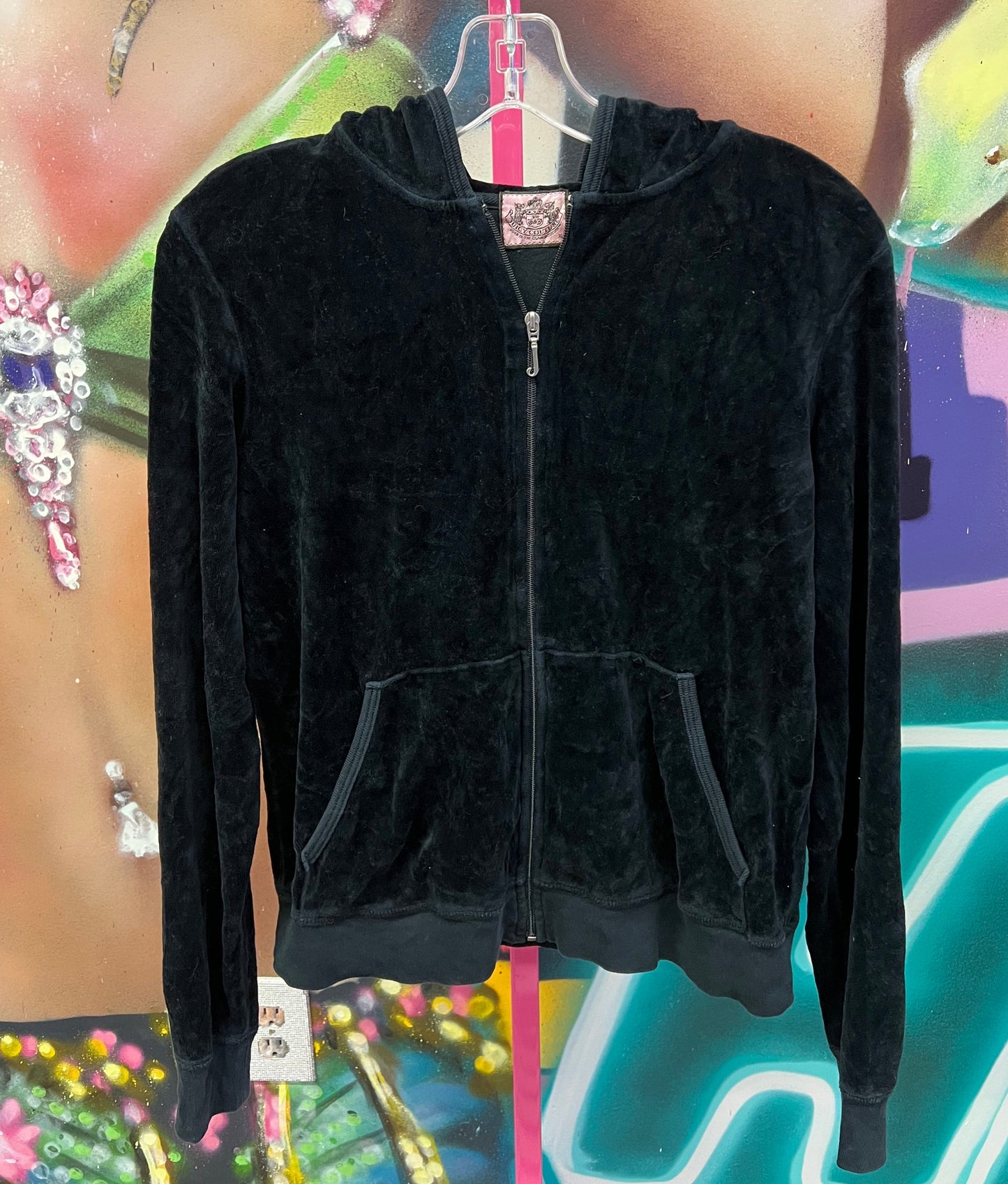 Juicy Couture Black Velour Zip Hoodie Crown Juicy Appliqué XL