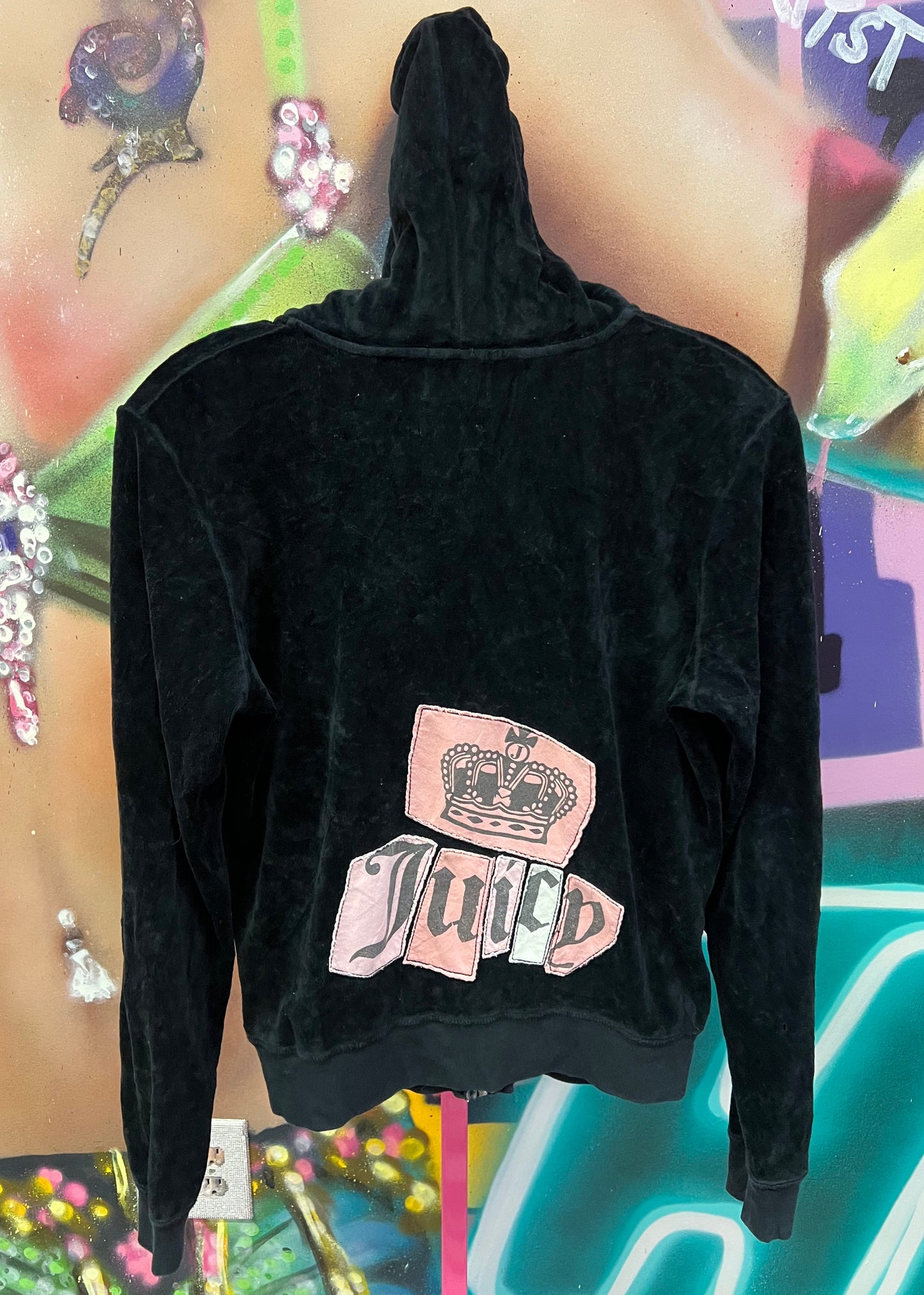 Juicy Couture Black Velour Zip Hoodie Crown Juicy Appliqué XL
