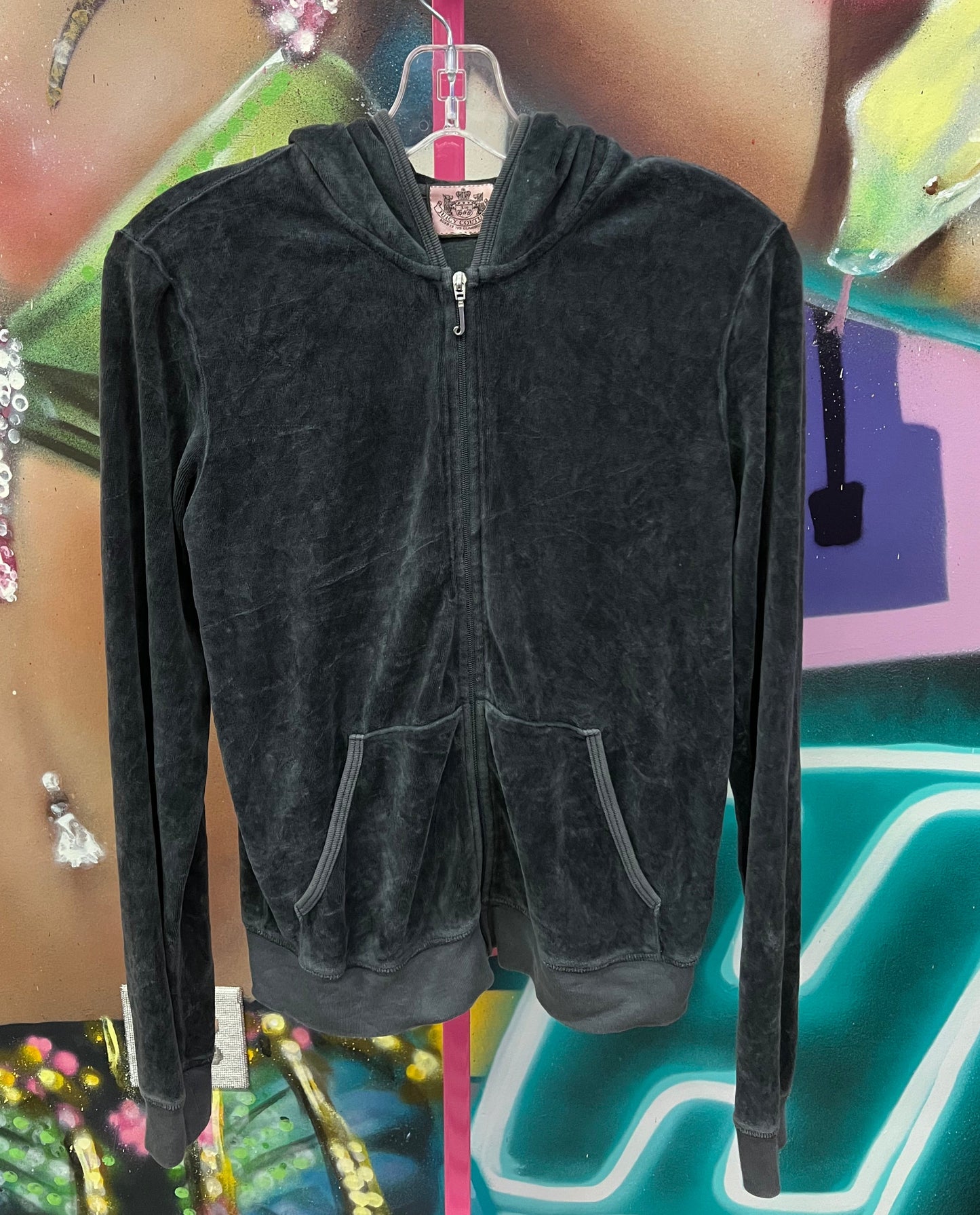 Juicy Couture Black Velour Zip Hoodie Crest Graphic Back Logo XL