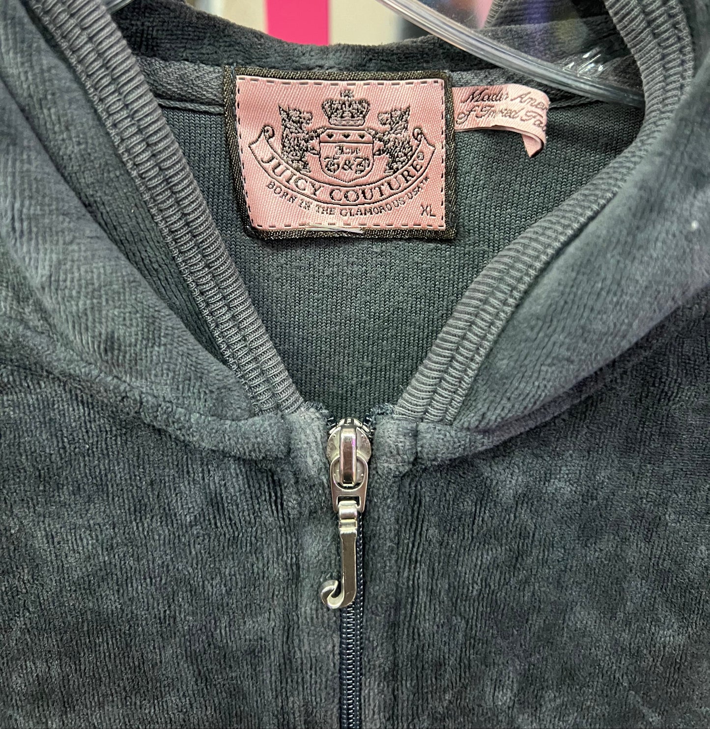 Juicy Couture Black Velour Zip Hoodie Crest Graphic Back Logo XL