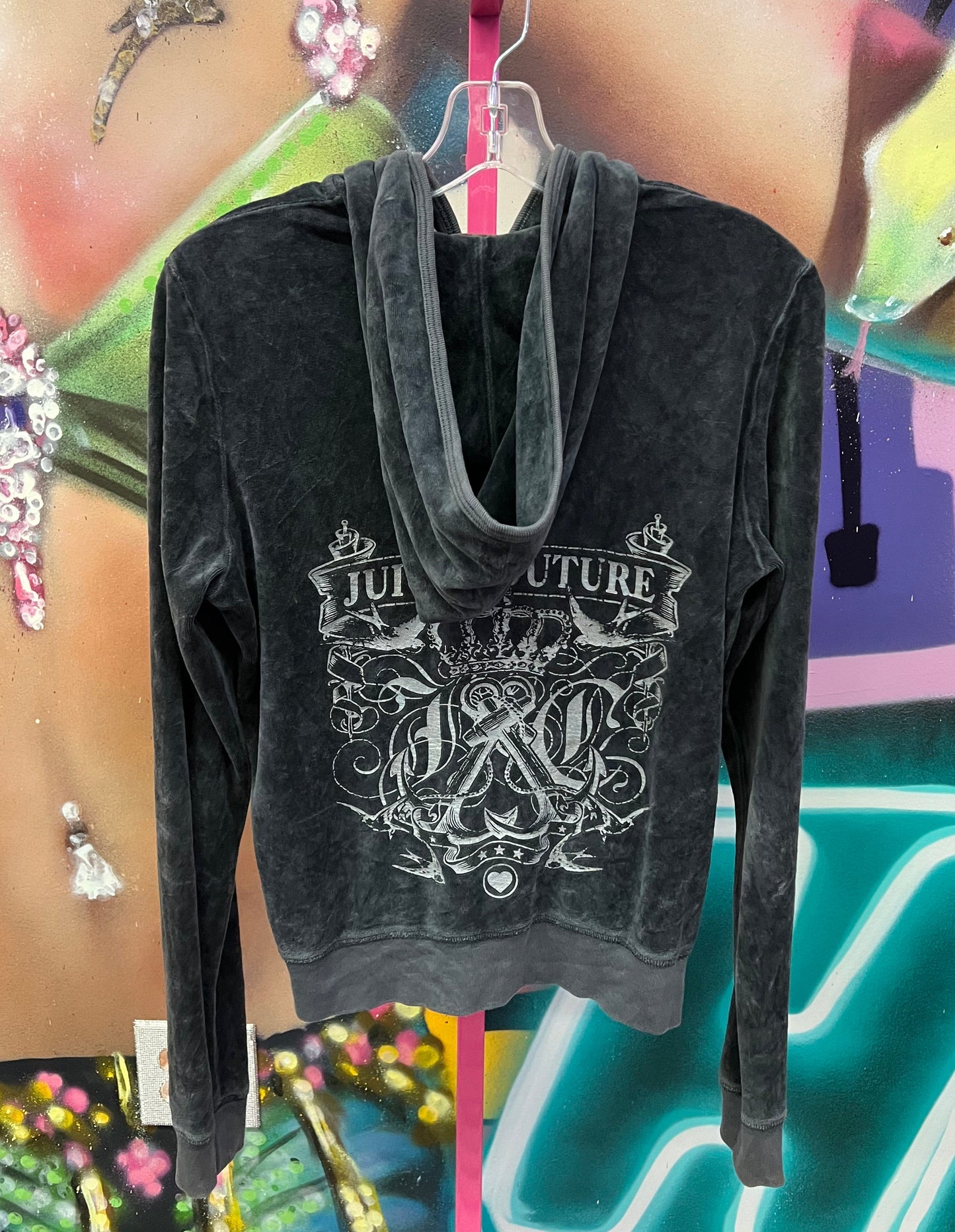 Juicy Couture Black Velour Zip Hoodie Crest Graphic Back Logo XL