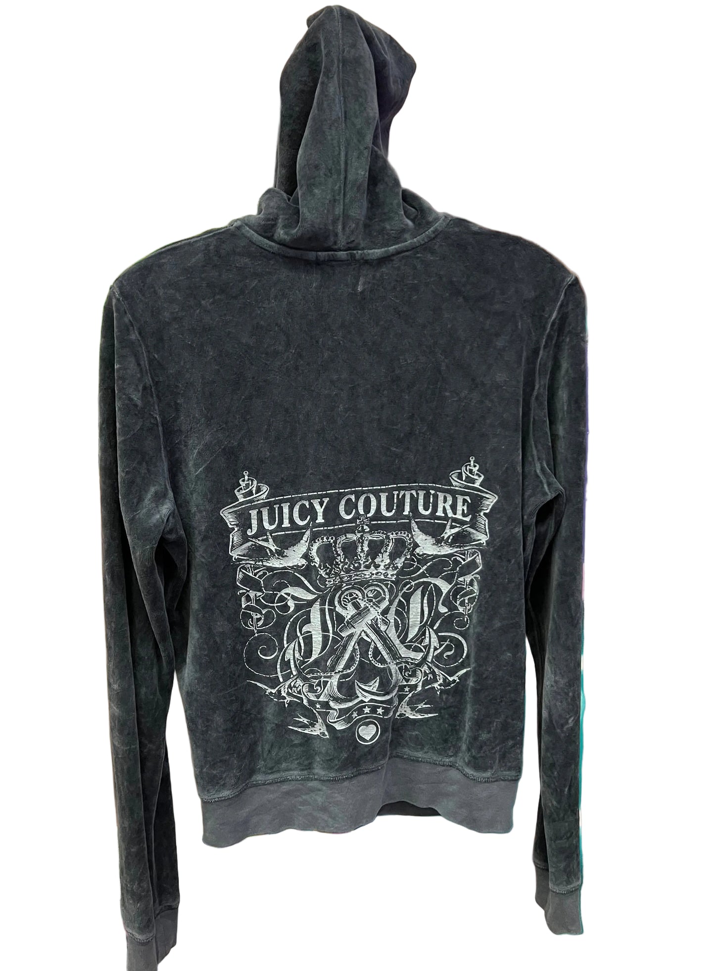 Juicy Couture Black Velour Zip Hoodie Crest Graphic Back Logo XL