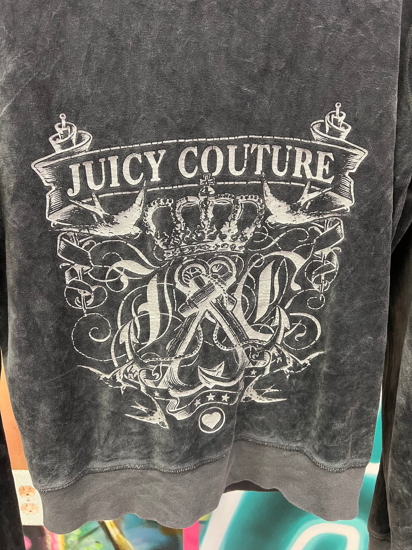 Juicy Couture Black Velour Zip Hoodie Crest Graphic Back Logo XL