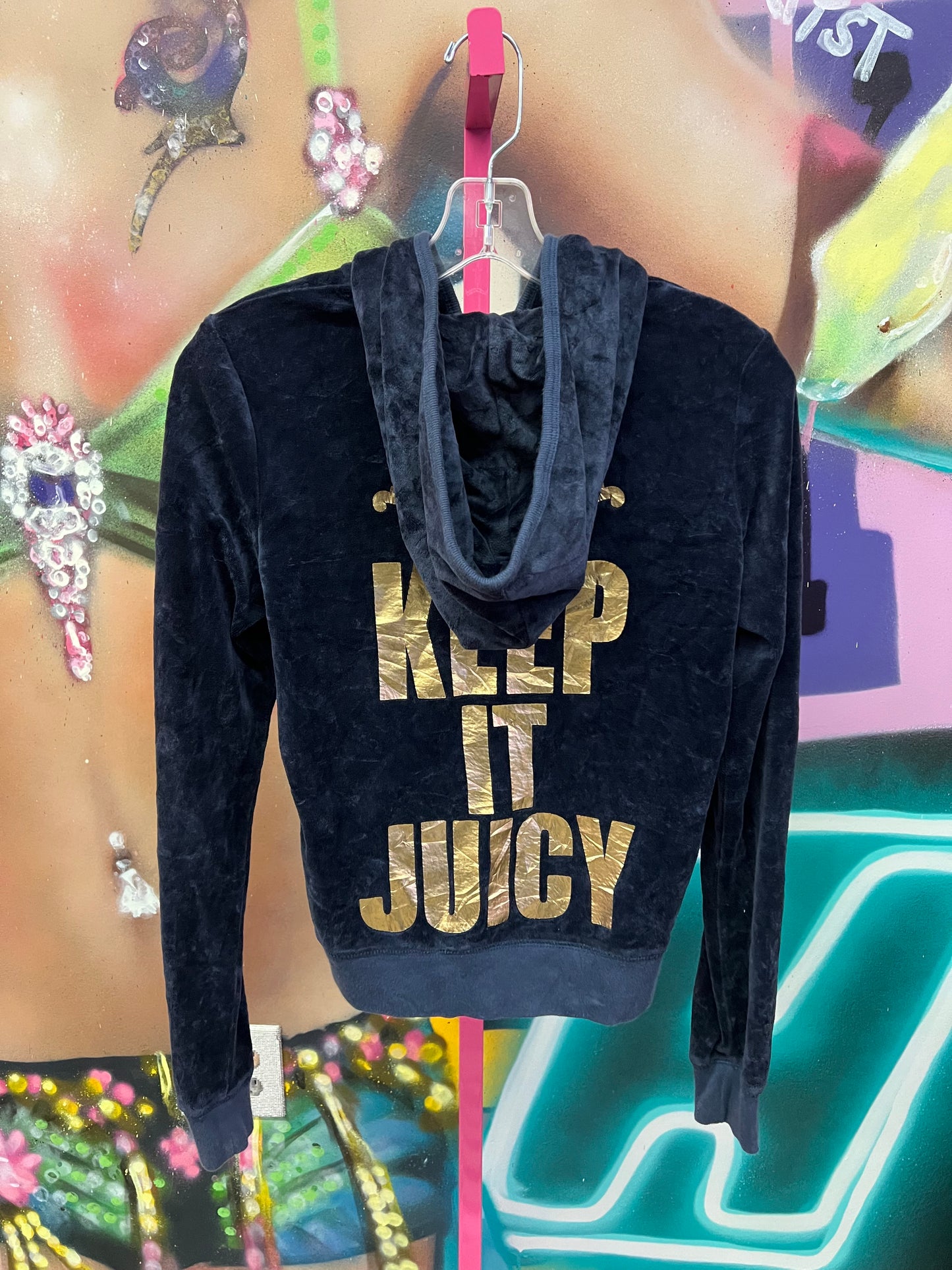 Juicy Couture Keep It Juicy Velour Zip Up Hoodie Black Gold Size M
