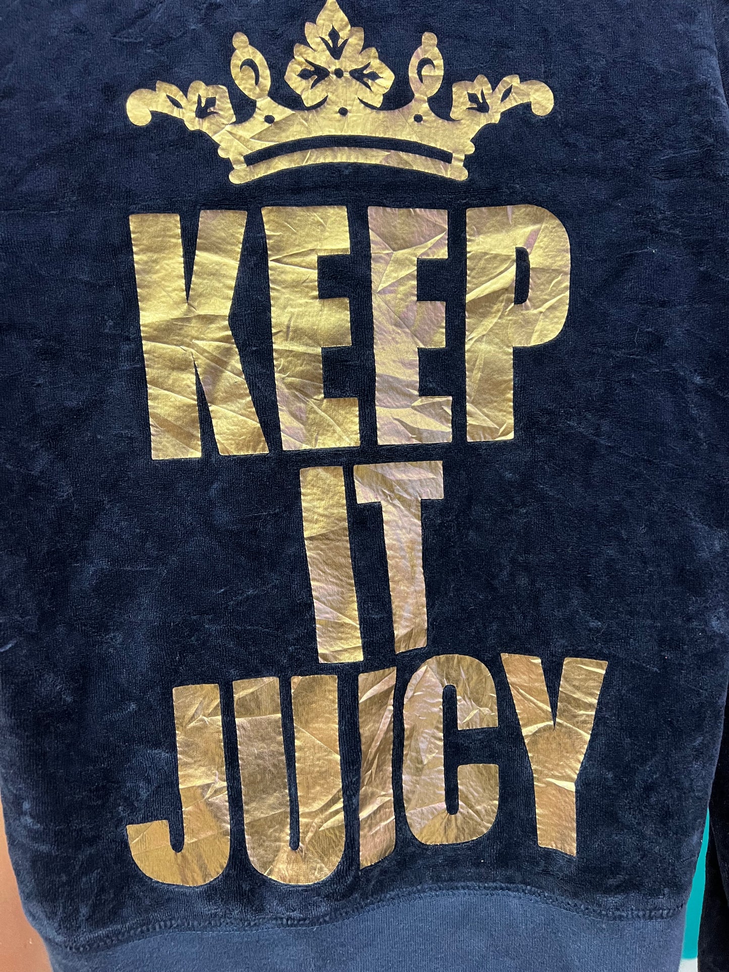 Juicy Couture Keep It Juicy Velour Zip Up Hoodie Black Gold Size M