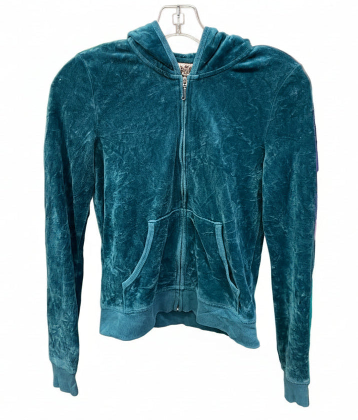Juicy Couture Turquoise Velour Zip Hoodie Rhinestone Logo Size S
