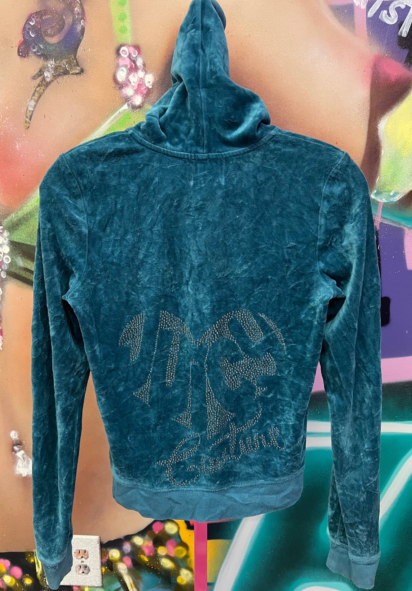 Juicy Couture Turquoise Velour Zip Hoodie Rhinestone Logo Size S