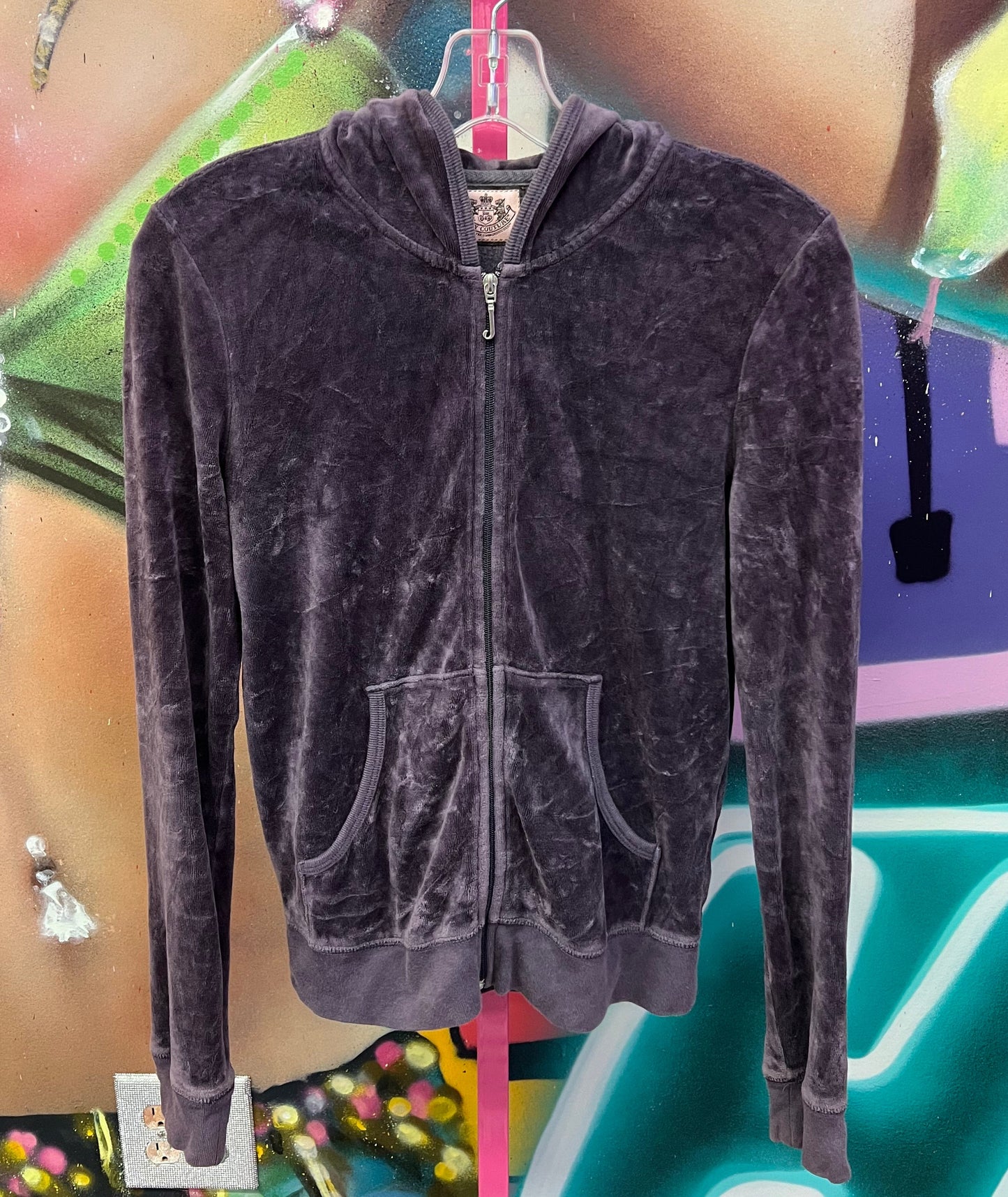 Juicy Couture Velour Zip Hoodie Pink Crown Graphic Gray Acid Wash Size L