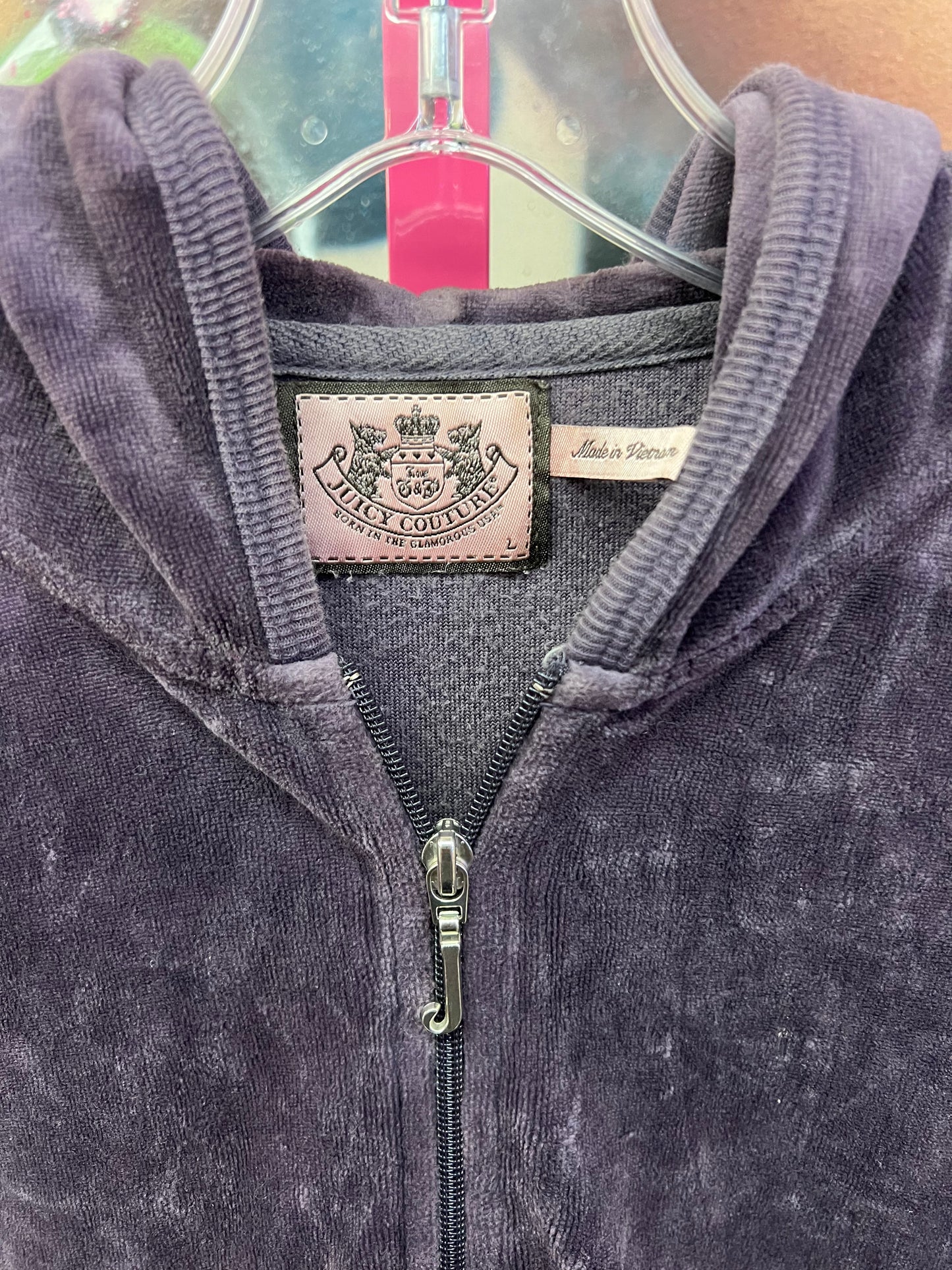 Juicy Couture Velour Zip Hoodie Pink Crown Graphic Gray Acid Wash Size L