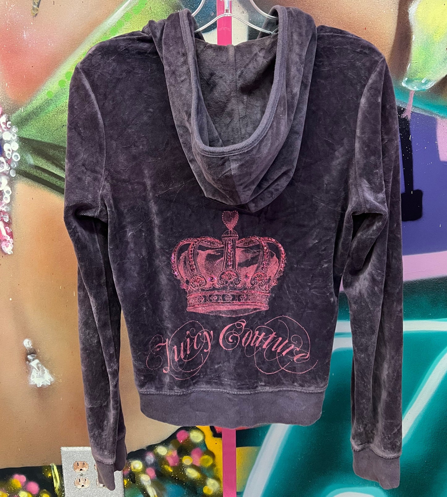 Juicy Couture Velour Zip Hoodie Pink Crown Graphic Gray Acid Wash Size L