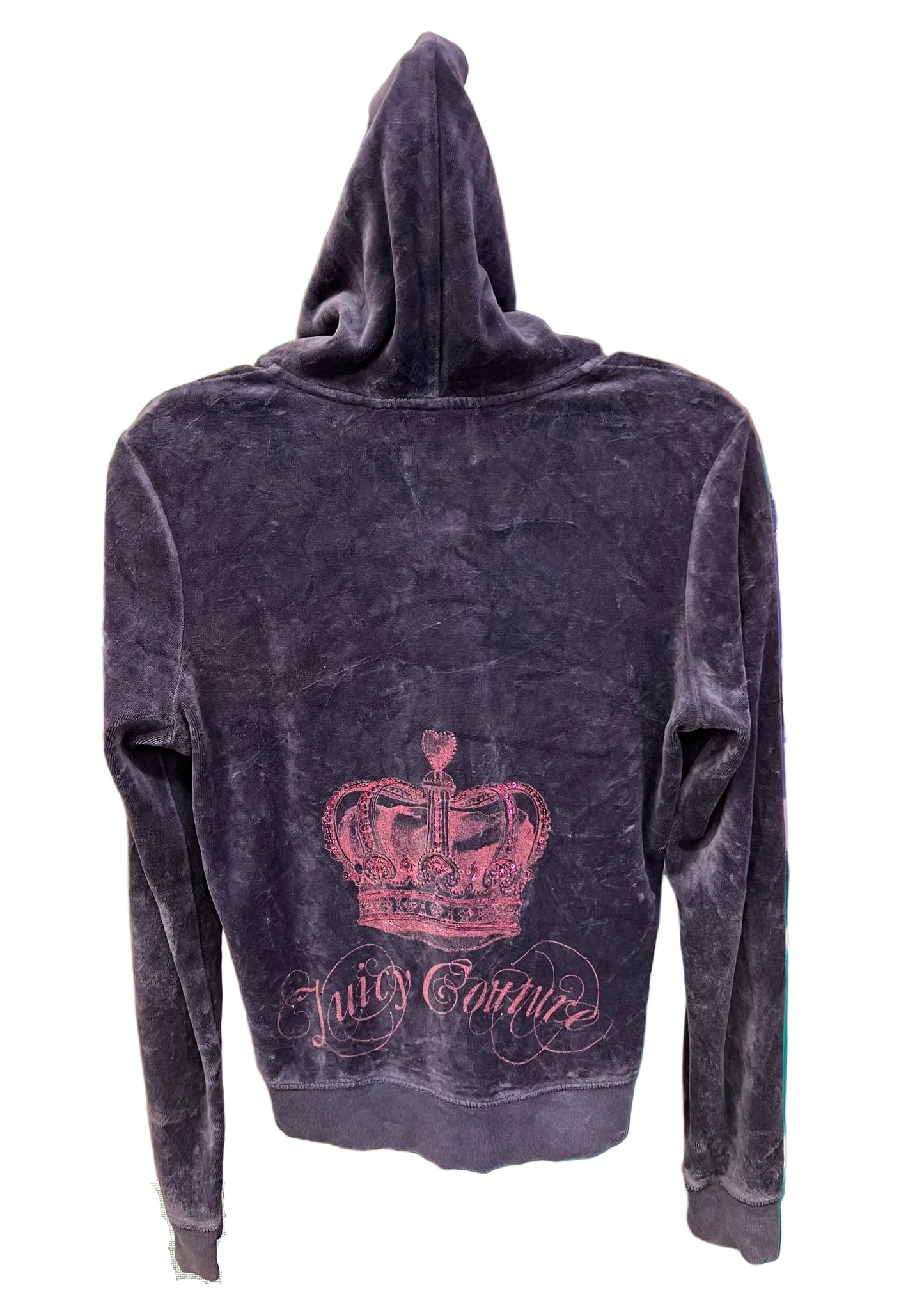Juicy Couture Velour Zip Hoodie Pink Crown Graphic Gray Acid Wash Size L