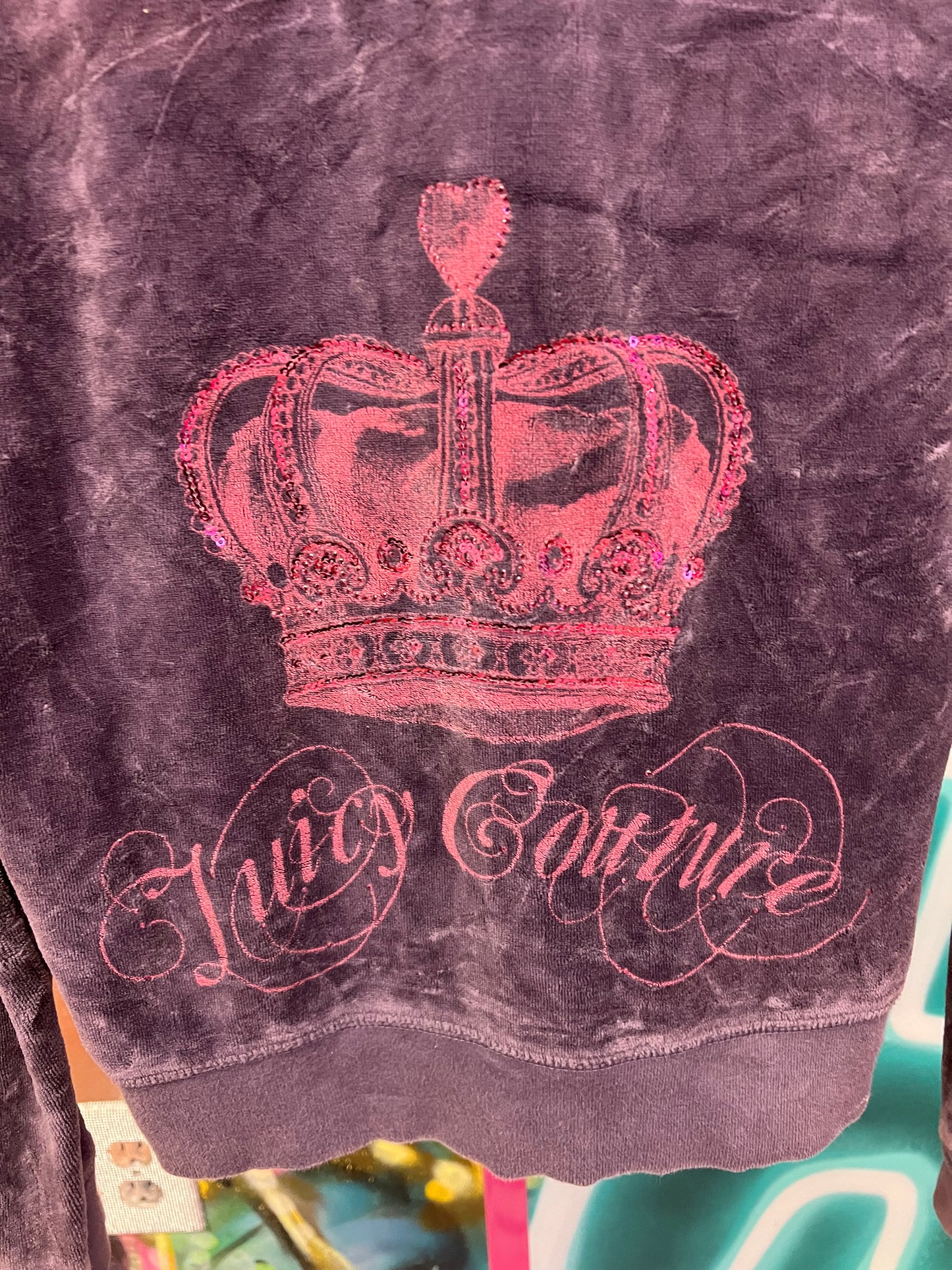 Juicy Couture Velour Zip Hoodie Pink Crown Graphic Gray Acid Wash Size L