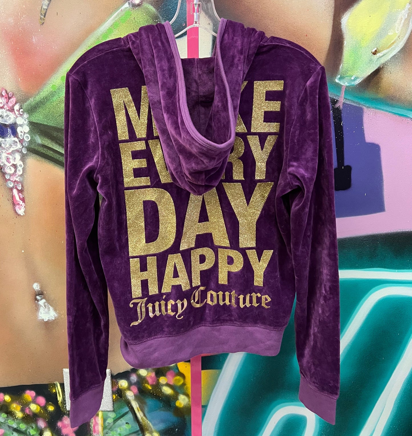 Vintage Juicy Couture "Make Every Day Happy" Plum Velour Zip Hoodie XL
