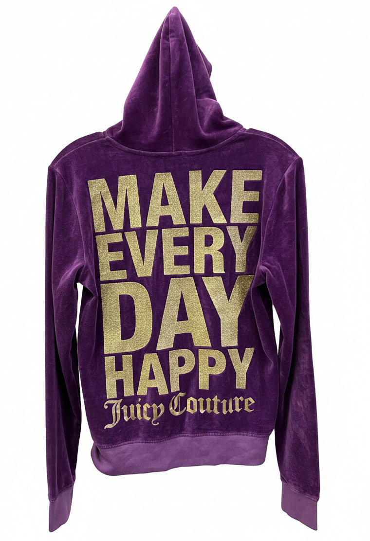 Vintage Juicy Couture "Make Every Day Happy" Plum Velour Zip Hoodie XL