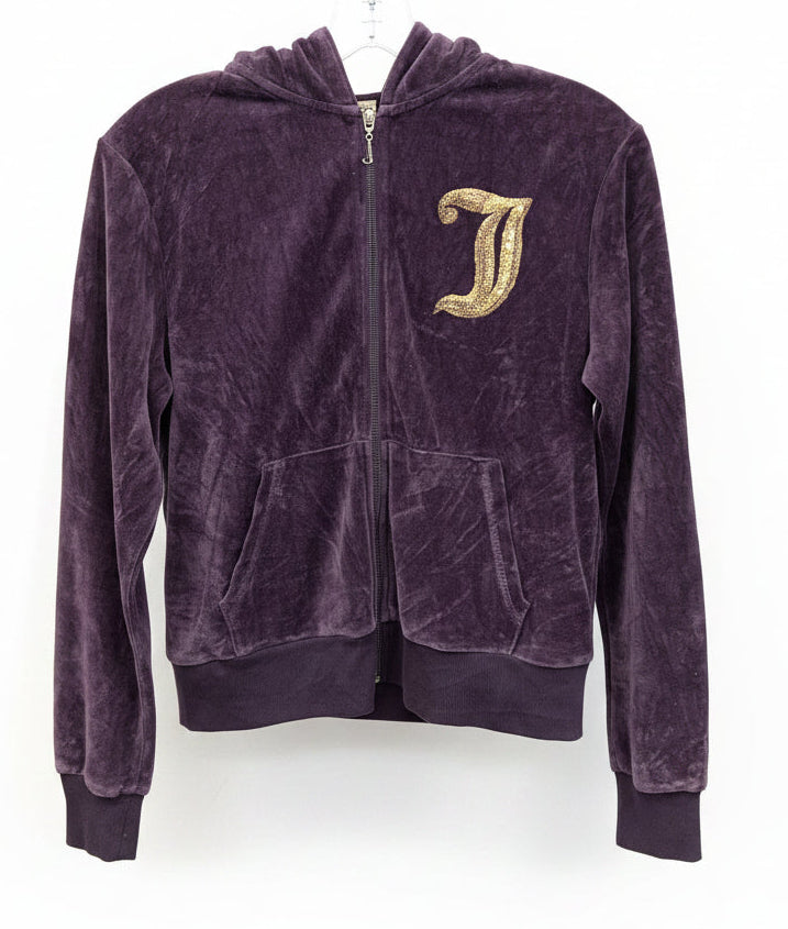 Vintage Juicy Couture Plum Velour Sequin Crest Zip Hoodie (c.2004–2006) Rare XL