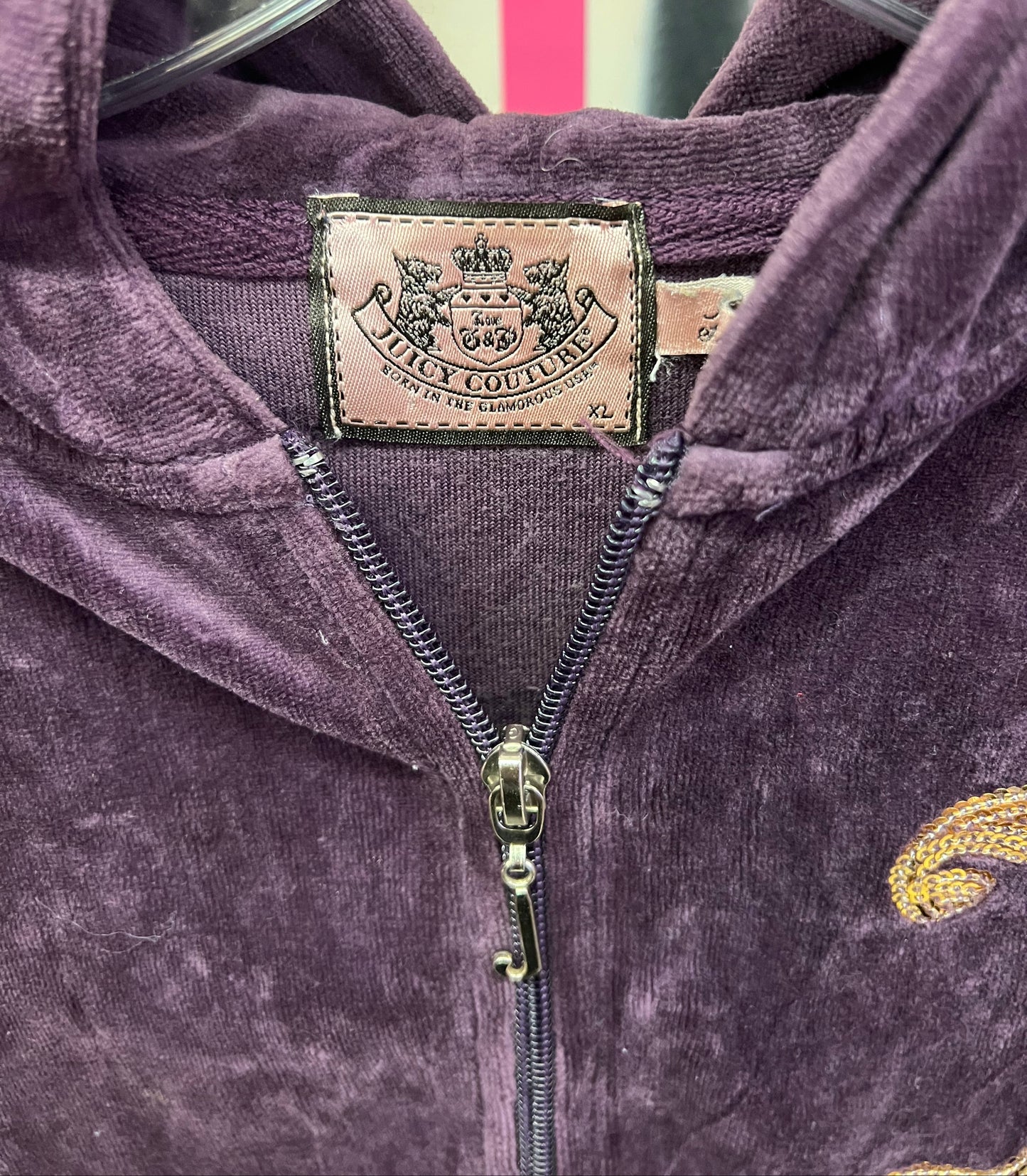 Vintage Juicy Couture Plum Velour Sequin Crest Zip Hoodie (c.2004–2006) Rare XL