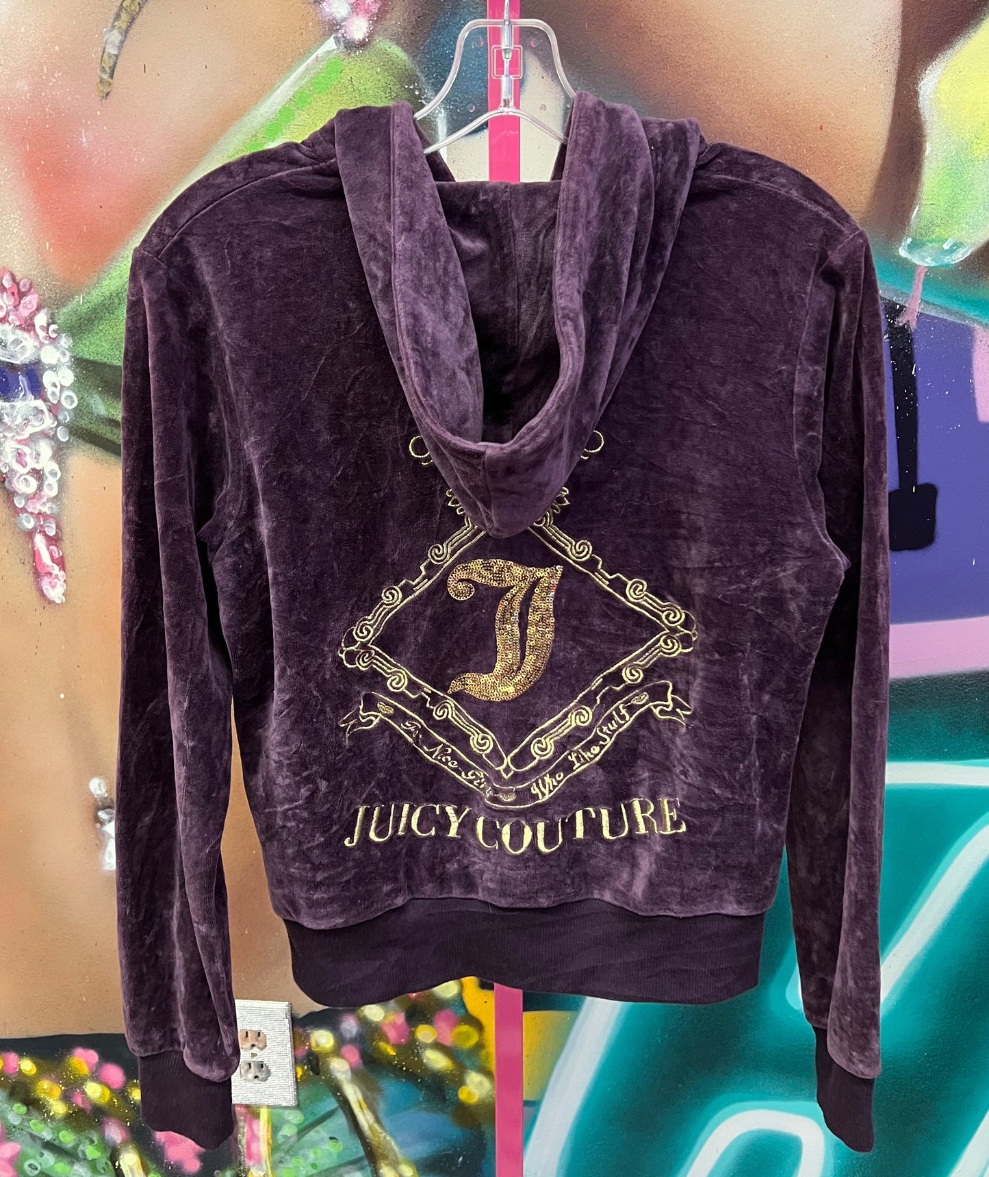 Vintage Juicy Couture Plum Velour Sequin Crest Zip Hoodie (c.2004–2006) Rare XL